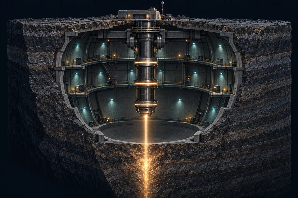 Underground cutaway beneath a small surface base: a vertical ringed accelerator hangs from an overhead mount above a deep reinforced bowl. A narrow amber beam continues straight down from its muzzle into solid bedrock. Small maintenance walkways show the installation’s scale.
