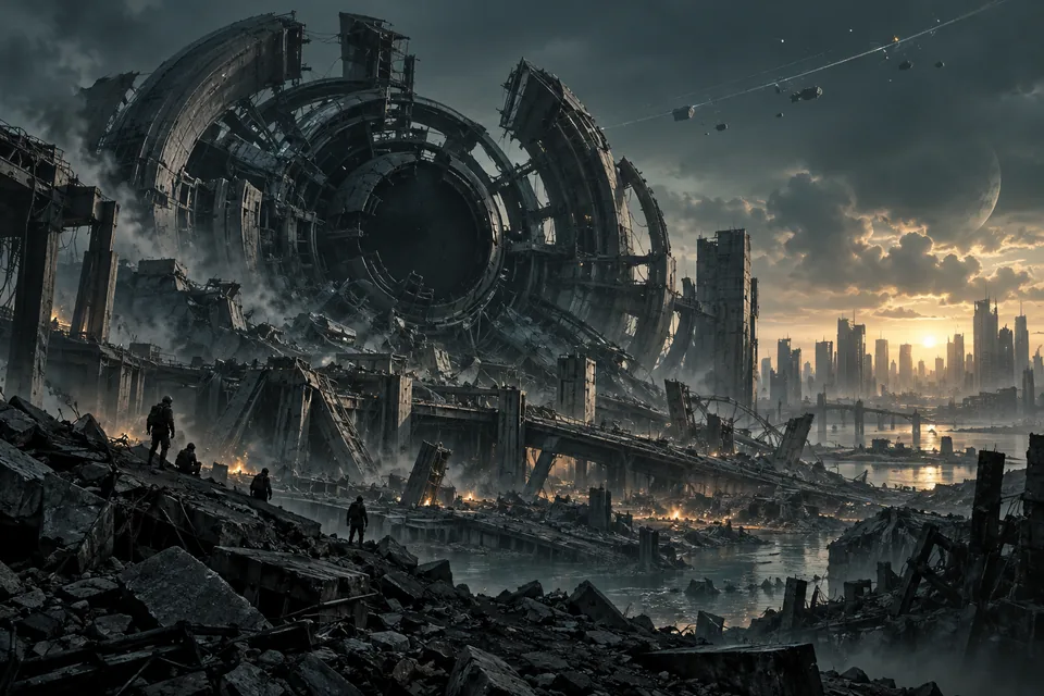 Small human survivors stand amid the ruins of a monumental machine intelligence complex. Its shattered central core is dark; a damaged city and faint orbital debris stretch beyond it.